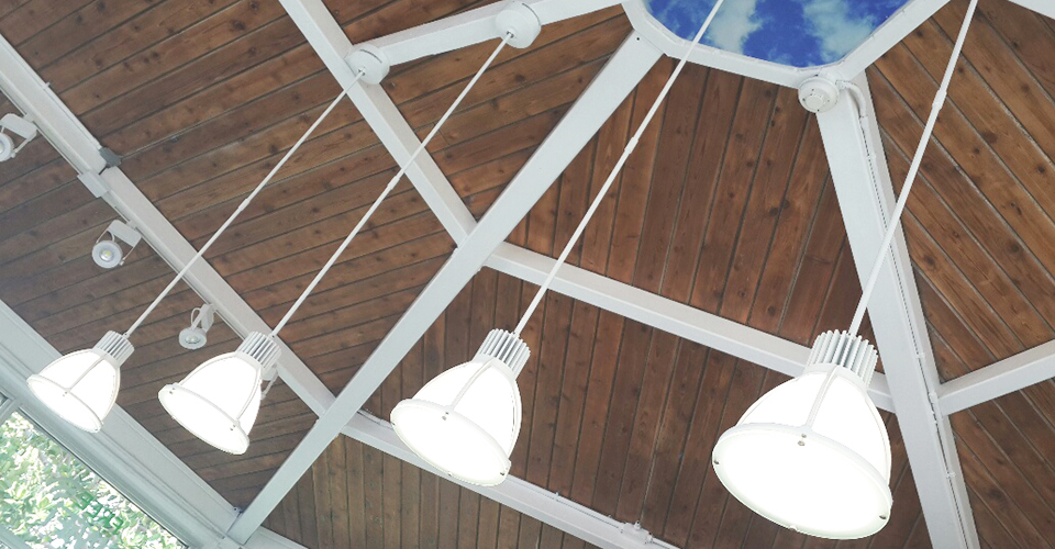 Hanging lights and a skylight